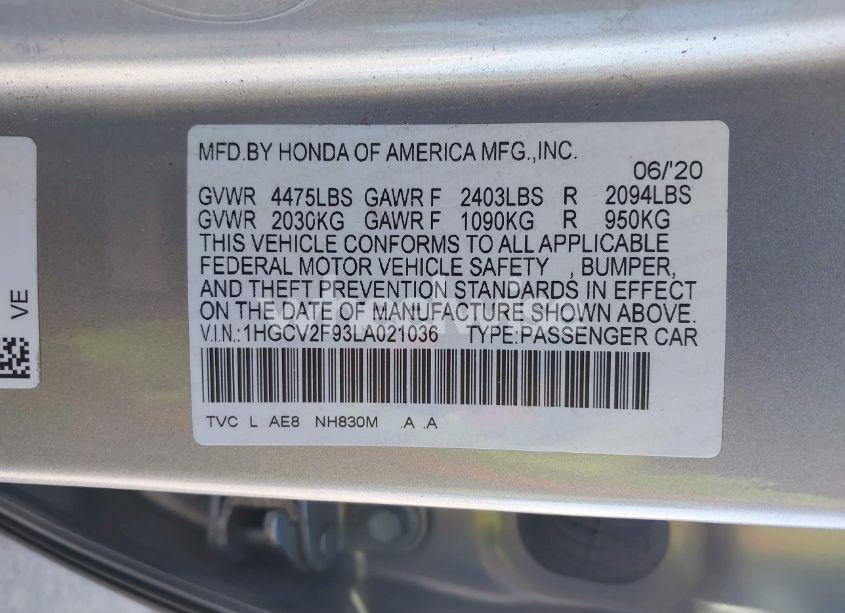 Photo 9 of 2020 Honda Accord TOURING (VIN 1HGCV2F93LA021036)