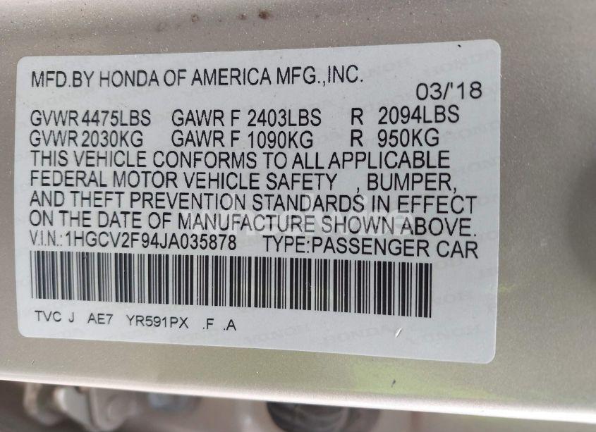 Photo 9 of 2018 Honda Accord TOURING 2.0T (VIN 1HGCV2F94JA035878)