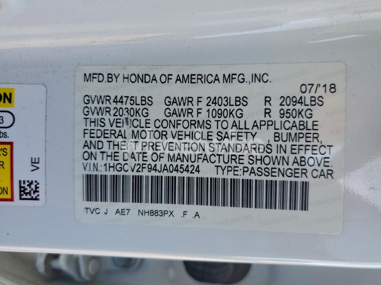 Photo 12 of 2018 HONDA ACCORD TOURING (VIN 1HGCV2F94JA045424)