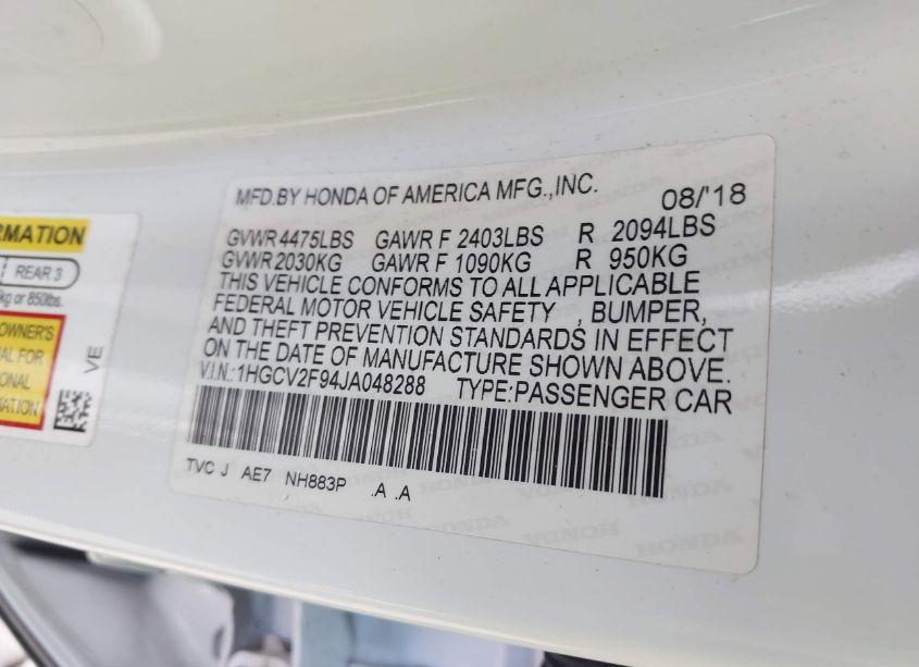 Photo 9 of 2018 Honda Accord TOURING 2.0T (VIN 1HGCV2F94JA048288)