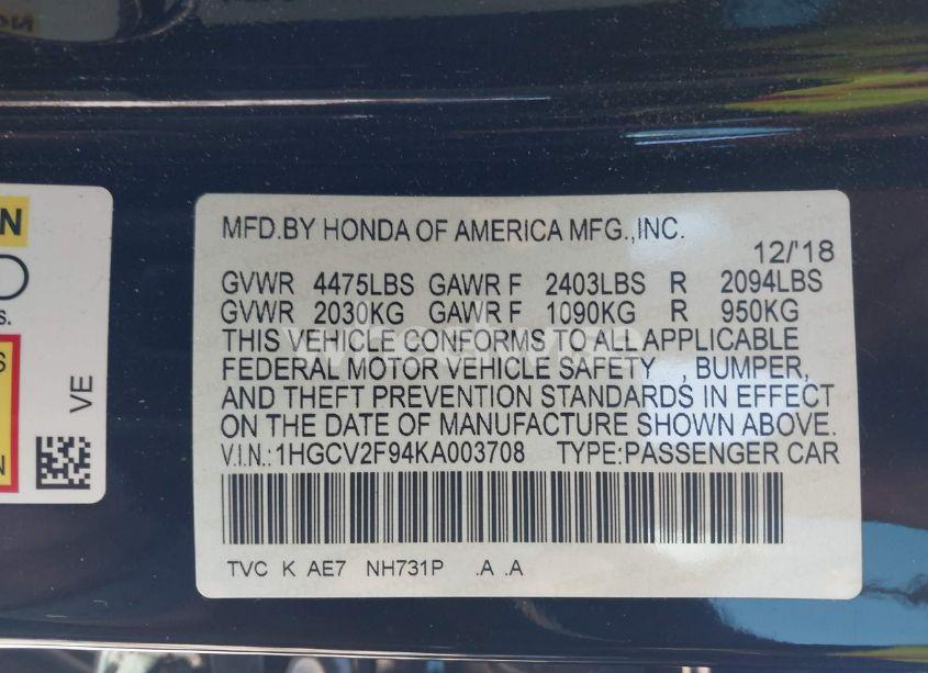 Photo 9 of 2019 Honda Accord TOURING 2.0T (VIN 1HGCV2F94KA003708)