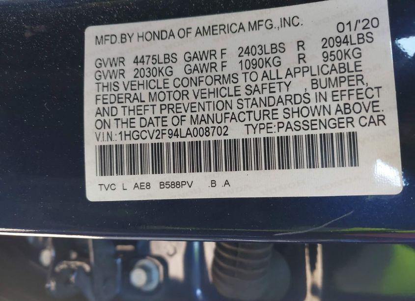 Photo 9 of 2020 Honda Accord TOURING (VIN 1HGCV2F94LA008702)