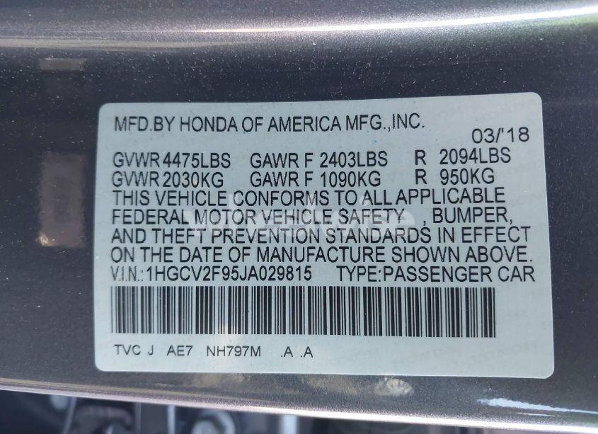 Photo 9 of 2018 Honda Accord TOURING 2.0T (VIN 1HGCV2F95JA029815)