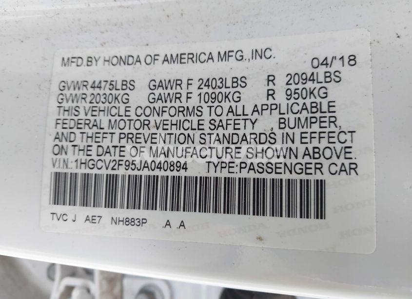 Photo 9 of 2018 Honda Accord TOURING 2.0T (VIN 1HGCV2F95JA040894)