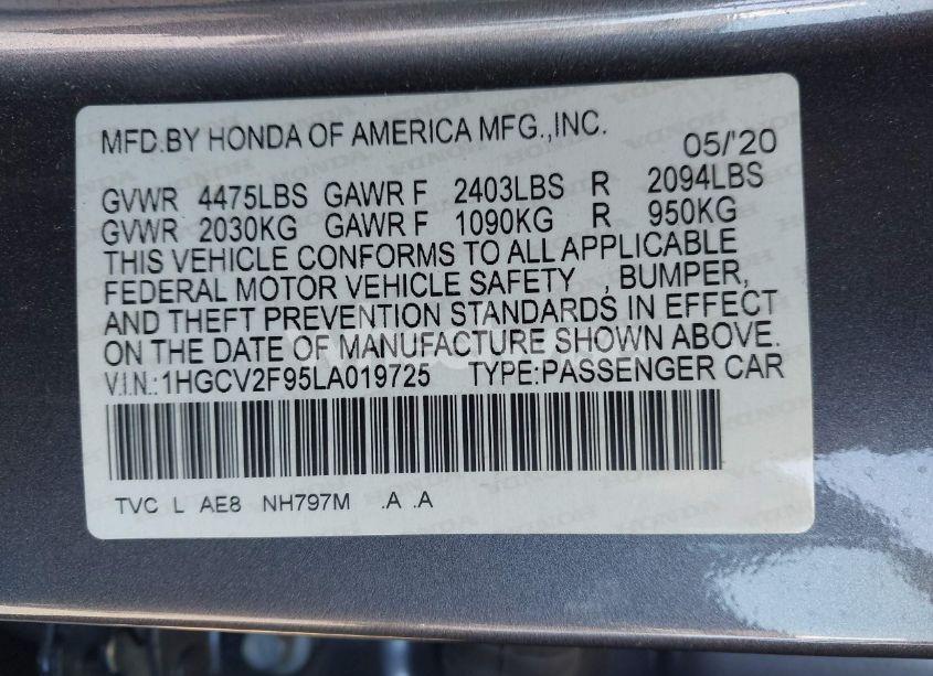 Photo 9 of 2020 Honda Accord TOURING (VIN 1HGCV2F95LA019725)