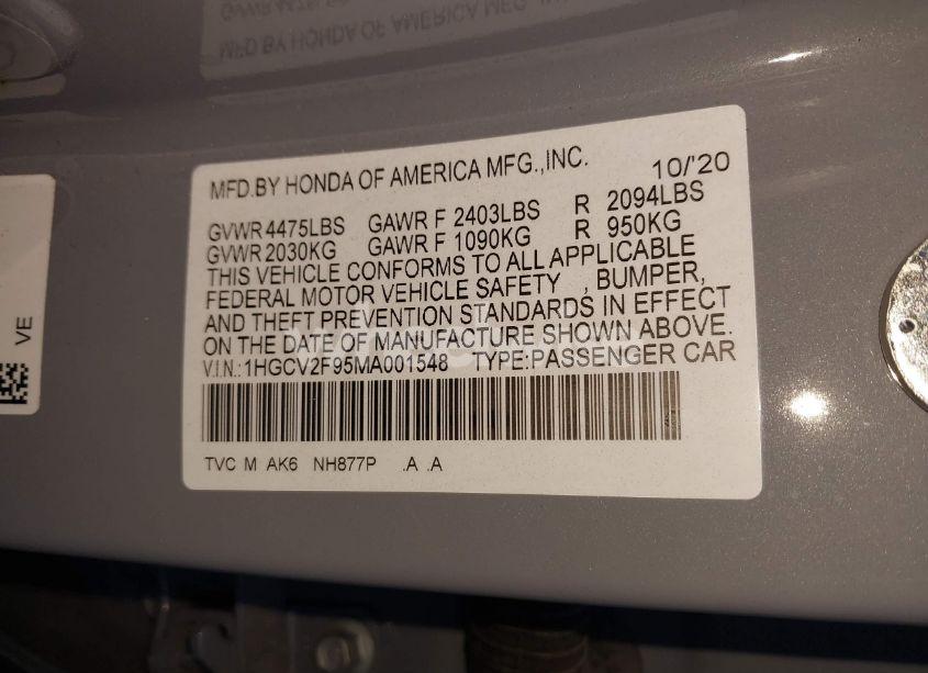 Photo 9 of 2021 Honda Accord TOURING (VIN 1HGCV2F95MA001548)
