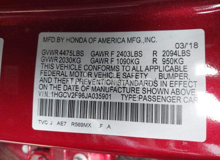 Photo 9 of 2018 Honda Accord TOURING 2.0T (VIN 1HGCV2F96JA035901)