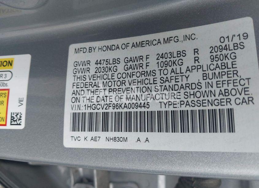 Photo 9 of 2019 Honda Accord TOURING 2.0T (VIN 1HGCV2F96KA009445)