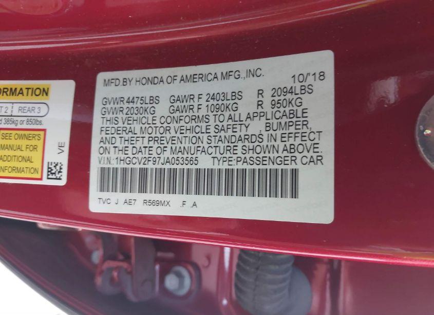 Photo 9 of 2018 Honda Accord TOURING 2.0T (VIN 1HGCV2F97JA053565)