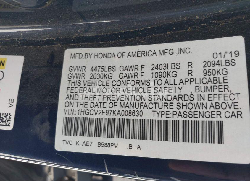 Photo 9 of 2019 Honda Accord TOURING 2.0T (VIN 1HGCV2F97KA008630)