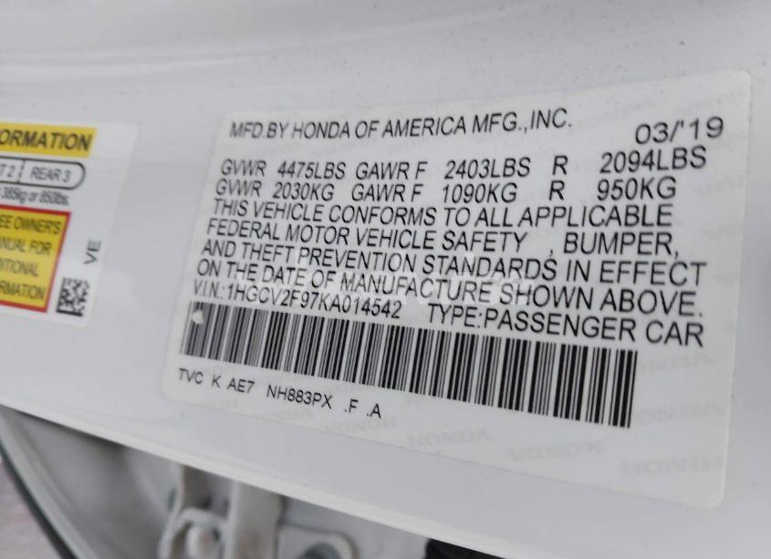 Photo 9 of 2019 Honda Accord TOURING 2.0T (VIN 1HGCV2F97KA014542)