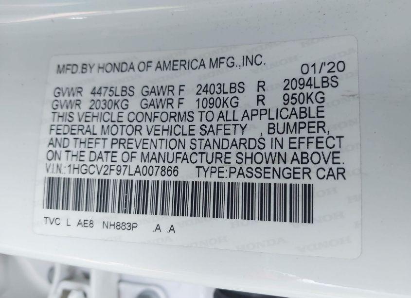 Photo 9 of 2020 Honda Accord TOURING (VIN 1HGCV2F97LA007866)
