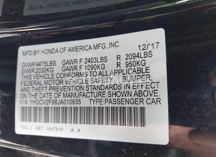 Photo 9 of 2018 Honda Accord TOURING 2.0T (VIN 1HGCV2F98JA010935)