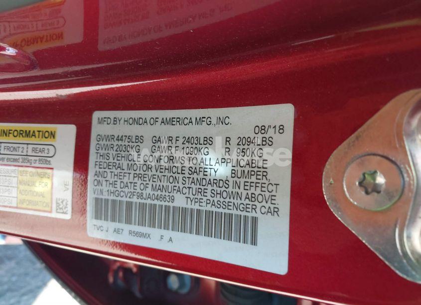 Photo 9 of 2018 Honda Accord TOURING 2.0T (VIN 1HGCV2F98JA046639)