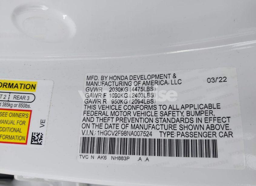 Photo 9 of 2022 Honda Accord TOURING (VIN 1HGCV2F98NA007524)