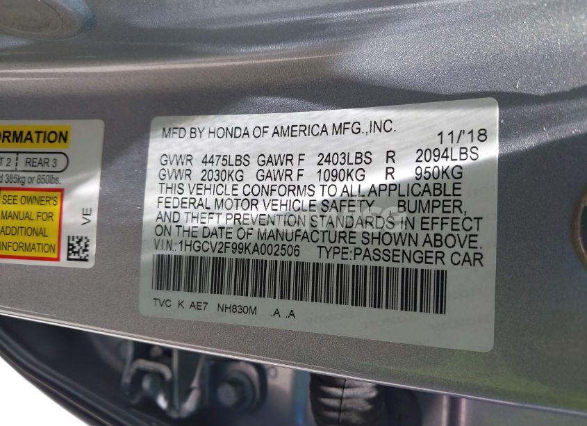 Photo 9 of 2019 Honda Accord TOURING 2.0T (VIN 1HGCV2F99KA002506)