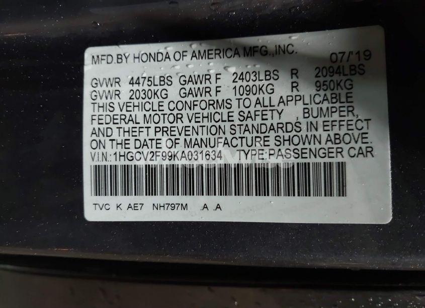 Photo 9 of 2019 Honda Accord TOURING (VIN 1HGCV2F99KA031634)