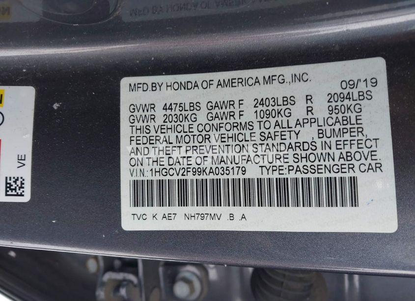 Photo 9 of 2019 Honda Accord TOURING 2.0T (VIN 1HGCV2F99KA035179)