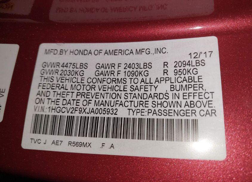 Photo 9 of 2018 Honda Accord TOURING 2.0T (VIN 1HGCV2F9XJA005932)