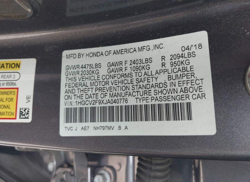 Photo 9 of 2018 Honda Accord TOURING 2.0T (VIN 1HGCV2F9XJA040776)