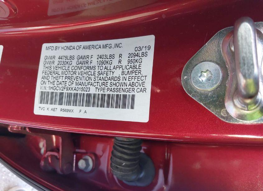 Photo 9 of 2019 Honda Accord TOURING 2.0T (VIN 1HGCV2F9XKA015023)