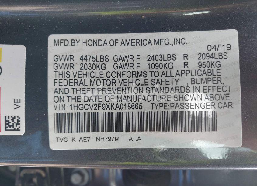 Photo 9 of 2019 Honda Accord TOURING 2.0T (VIN 1HGCV2F9XKA018665)