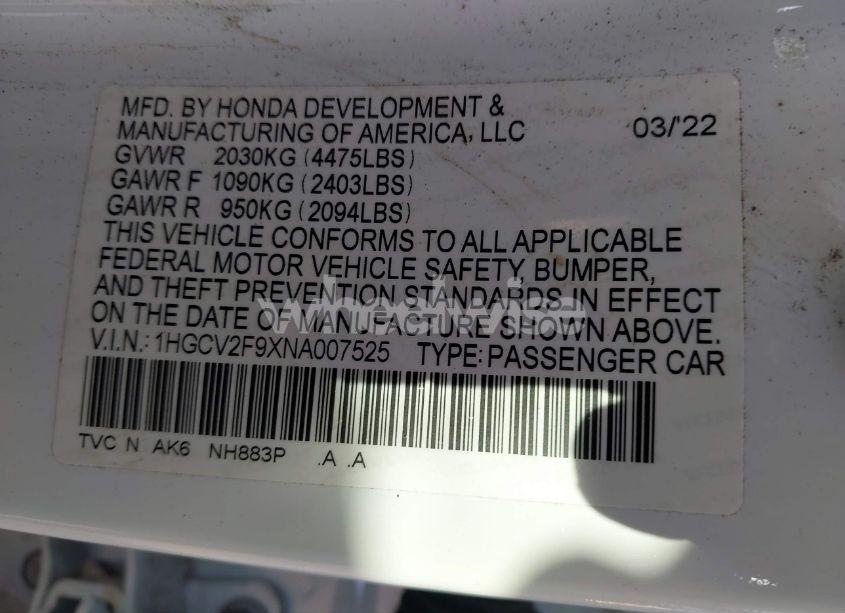 Photo 9 of 2022 Honda Accord TOURING (VIN 1HGCV2F9XNA007525)