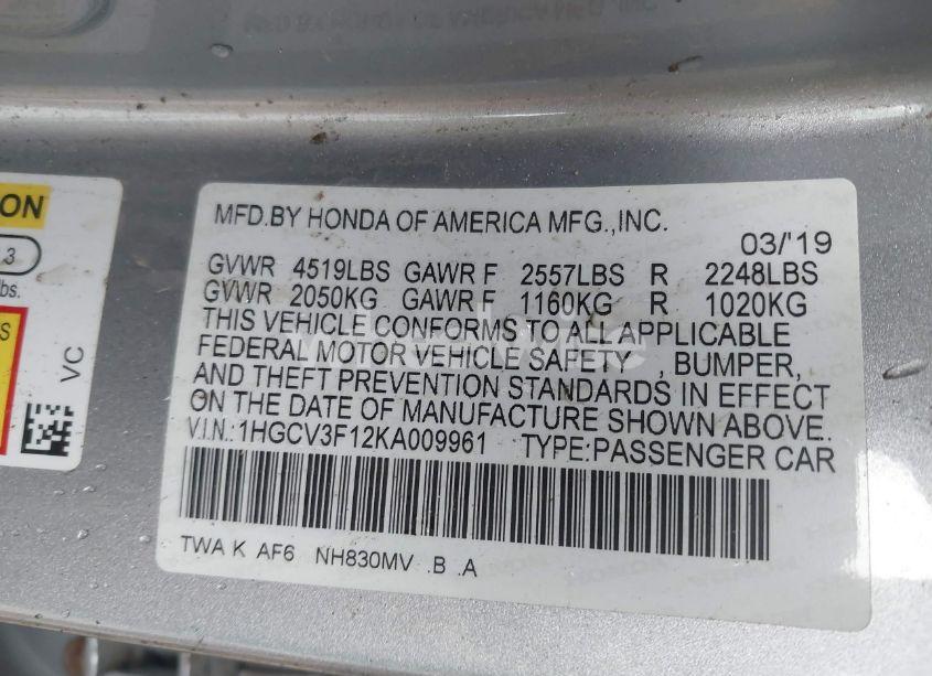 Photo 9 of 2019 Honda Accord HYBRID (VIN 1HGCV3F12KA009961)