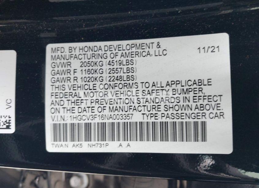 Photo 9 of 2022 Honda Accord HYBRID (VIN 1HGCV3F16NA003357)
