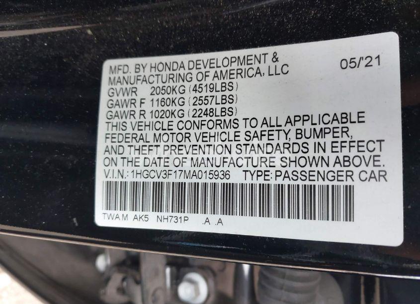 Photo 9 of 2021 Honda Accord HYBRID (VIN 1HGCV3F17MA015936)