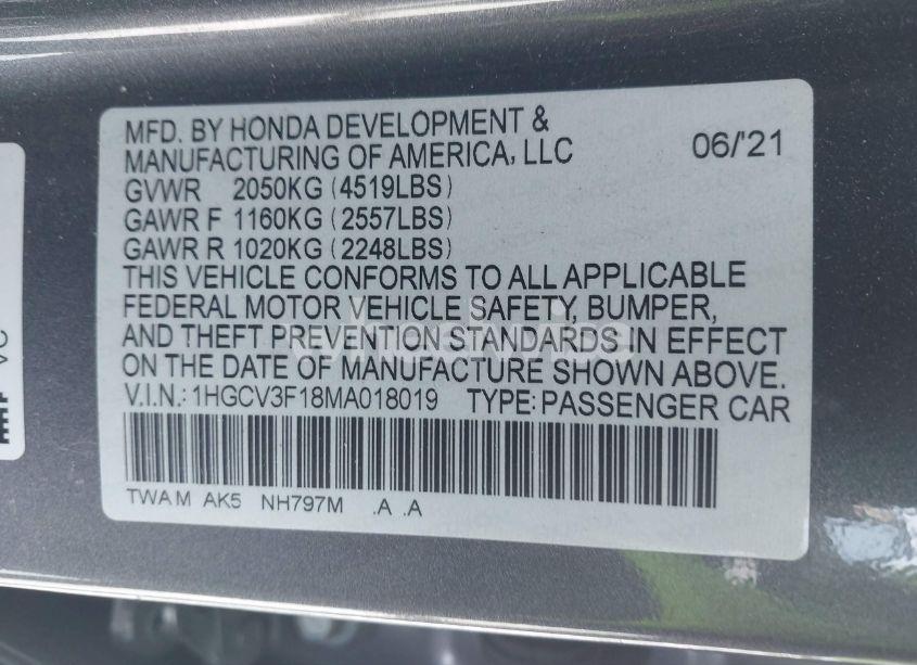Photo 9 of 2021 Honda Accord HYBRID (VIN 1HGCV3F18MA018019)