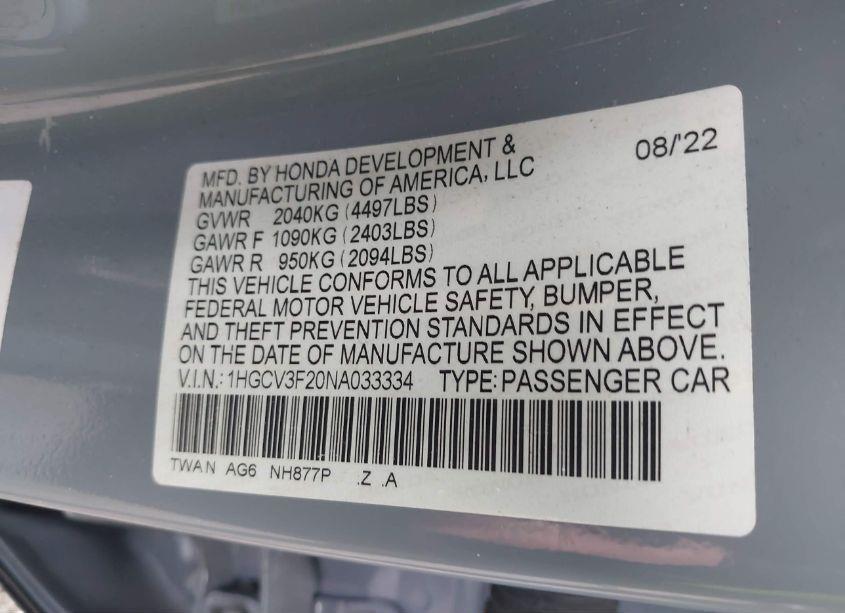 Photo 9 of 2022 Honda Accord HYBRID SPORT (VIN 1HGCV3F20NA033334)