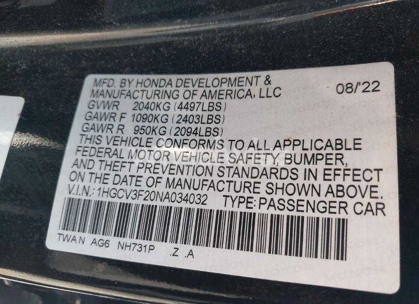 Photo 9 of 2022 Honda Accord HYBRID SPORT (VIN 1HGCV3F20NA034032)