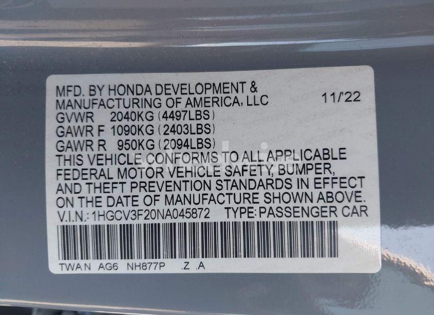 Photo 9 of 2022 Honda Accord HYBRID SPORT (VIN 1HGCV3F20NA045872)