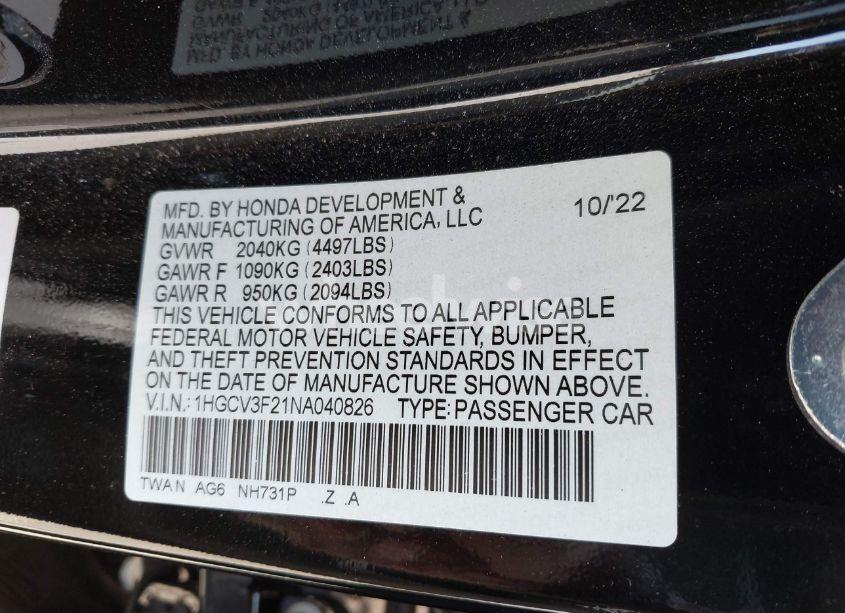 Photo 9 of 2022 Honda Accord HYBRID SPORT (VIN 1HGCV3F21NA040826)