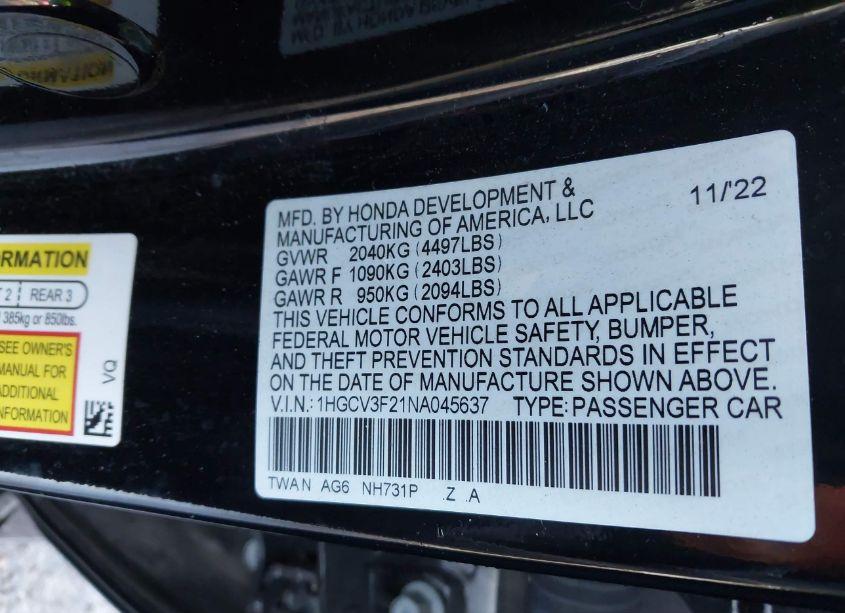 Photo 9 of 2022 Honda Accord HYBRID SPORT (VIN 1HGCV3F21NA045637)