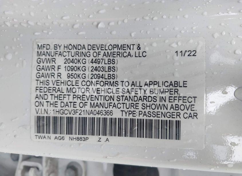 Photo 9 of 2022 Honda Accord HYBRID SPORT (VIN 1HGCV3F21NA046366)