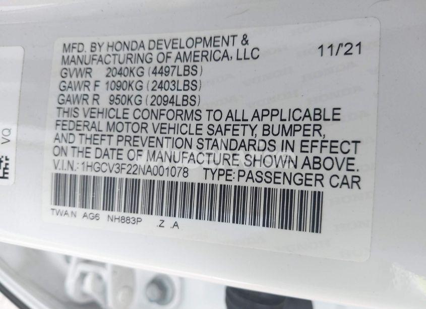 Photo 9 of 2022 Honda Accord HYBRID SPORT (VIN 1HGCV3F22NA001078)