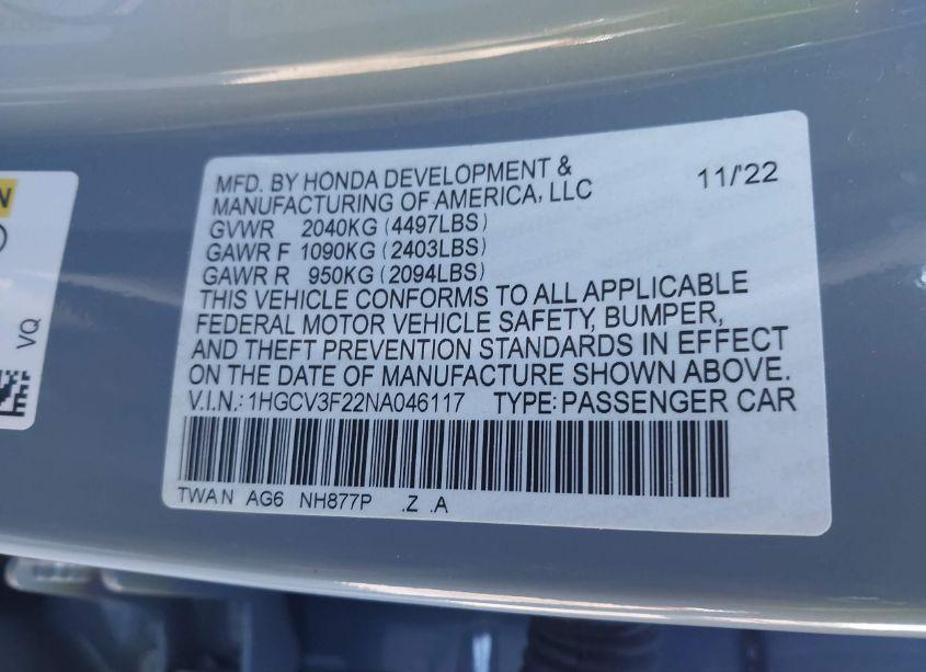 Photo 9 of 2022 Honda Accord HYBRID SPORT (VIN 1HGCV3F22NA046117)