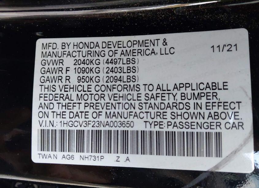 Photo 9 of 2022 Honda Accord HYBRID SPORT (VIN 1HGCV3F23NA003650)