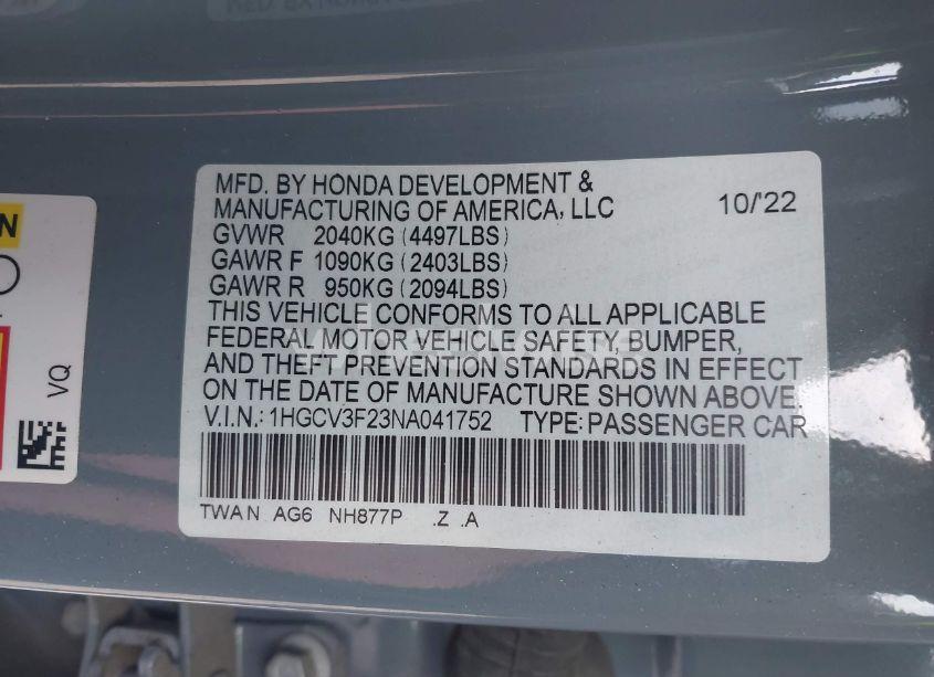 Photo 9 of 2022 Honda Accord HYBRID SPORT (VIN 1HGCV3F23NA041752)