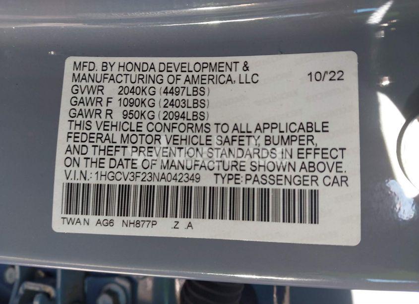 Photo 9 of 2022 Honda Accord HYBRID SPORT (VIN 1HGCV3F23NA042349)