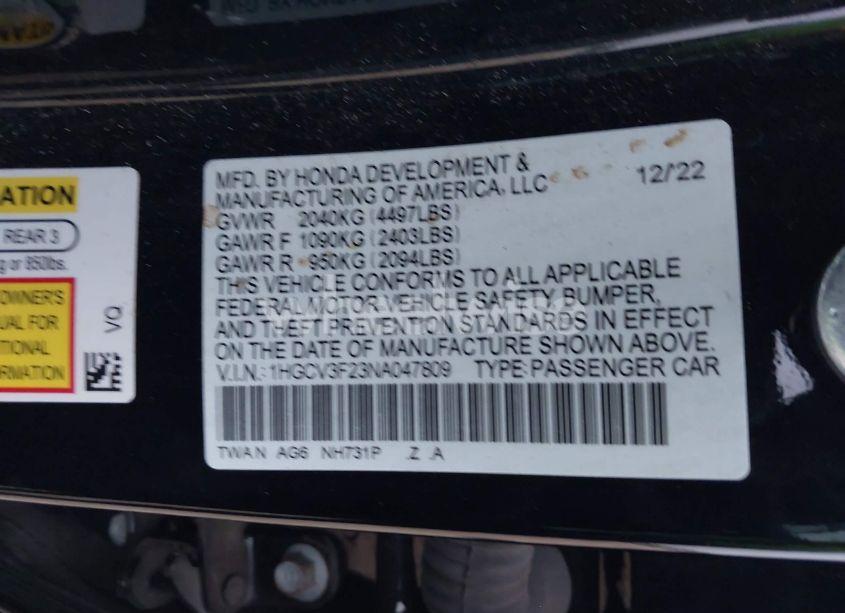 Photo 9 of 2022 Honda Accord HYBRID SPORT (VIN 1HGCV3F23NA047809)
