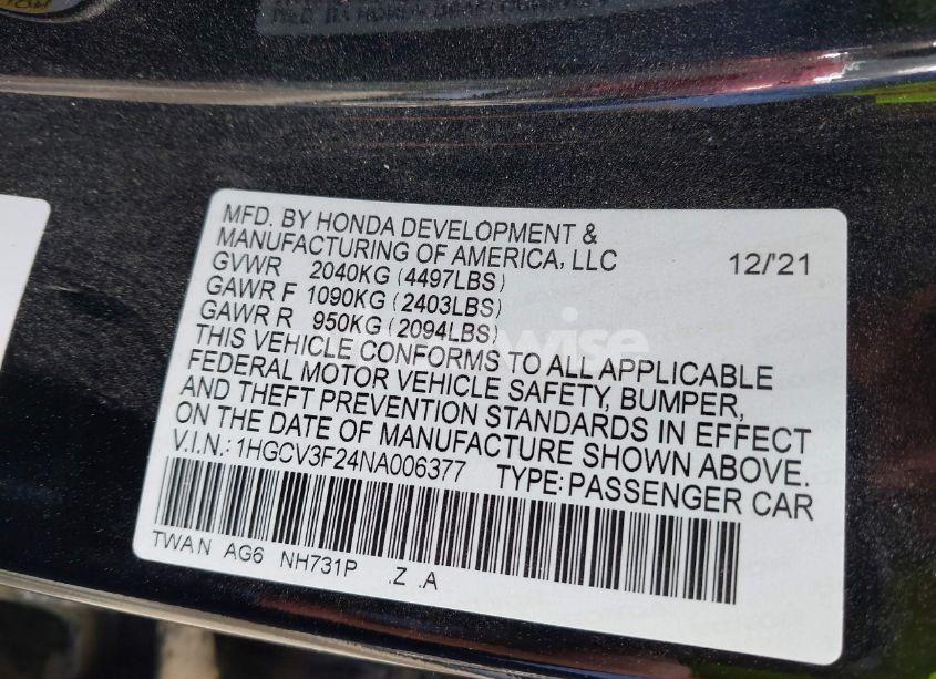 Photo 9 of 2022 Honda Accord HYBRID SPORT (VIN 1HGCV3F24NA006377)