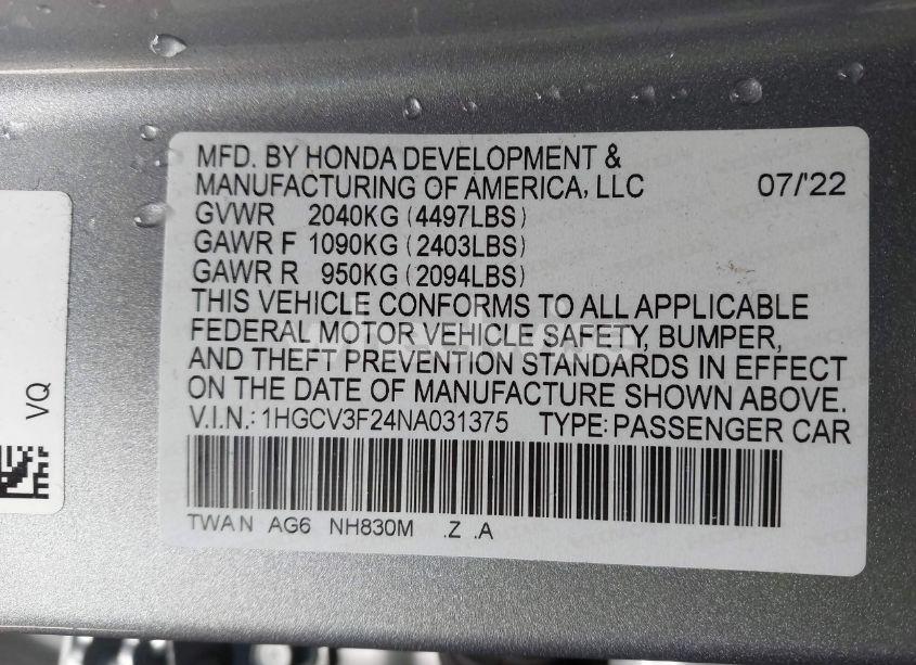 Photo 8 of 2022 Honda Accord HYBRID SPORT (VIN 1HGCV3F24NA031375)