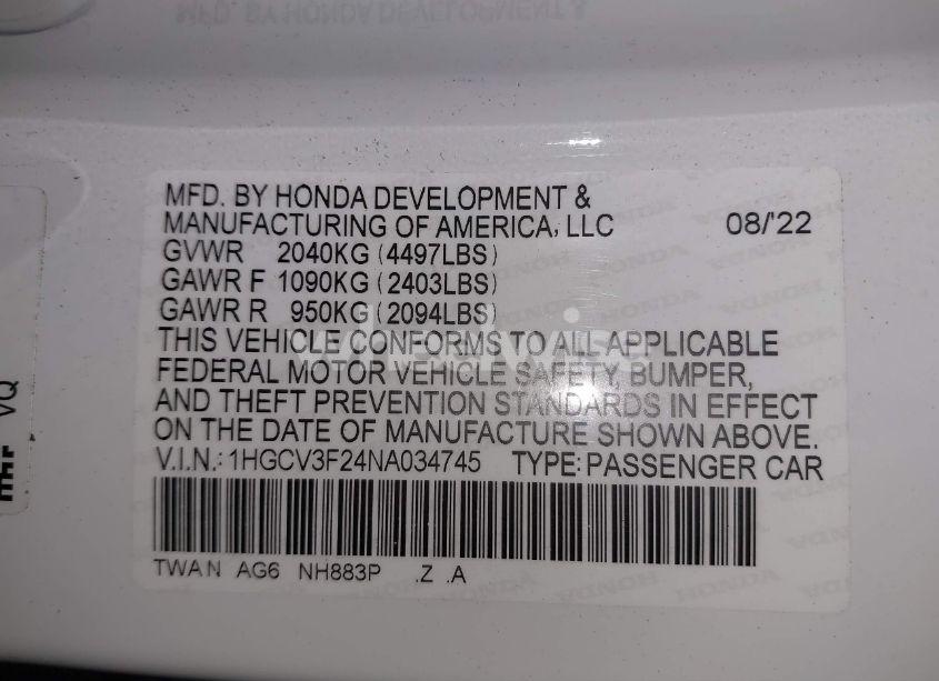 Photo 9 of 2022 Honda Accord HYBRID SPORT (VIN 1HGCV3F24NA034745)