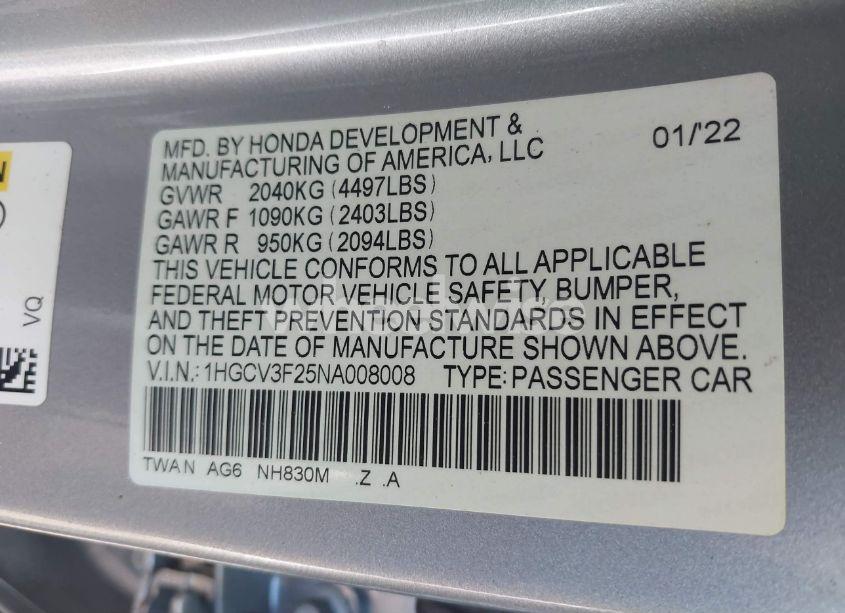 Photo 9 of 2022 Honda Accord HYBRID SPORT (VIN 1HGCV3F25NA008008)