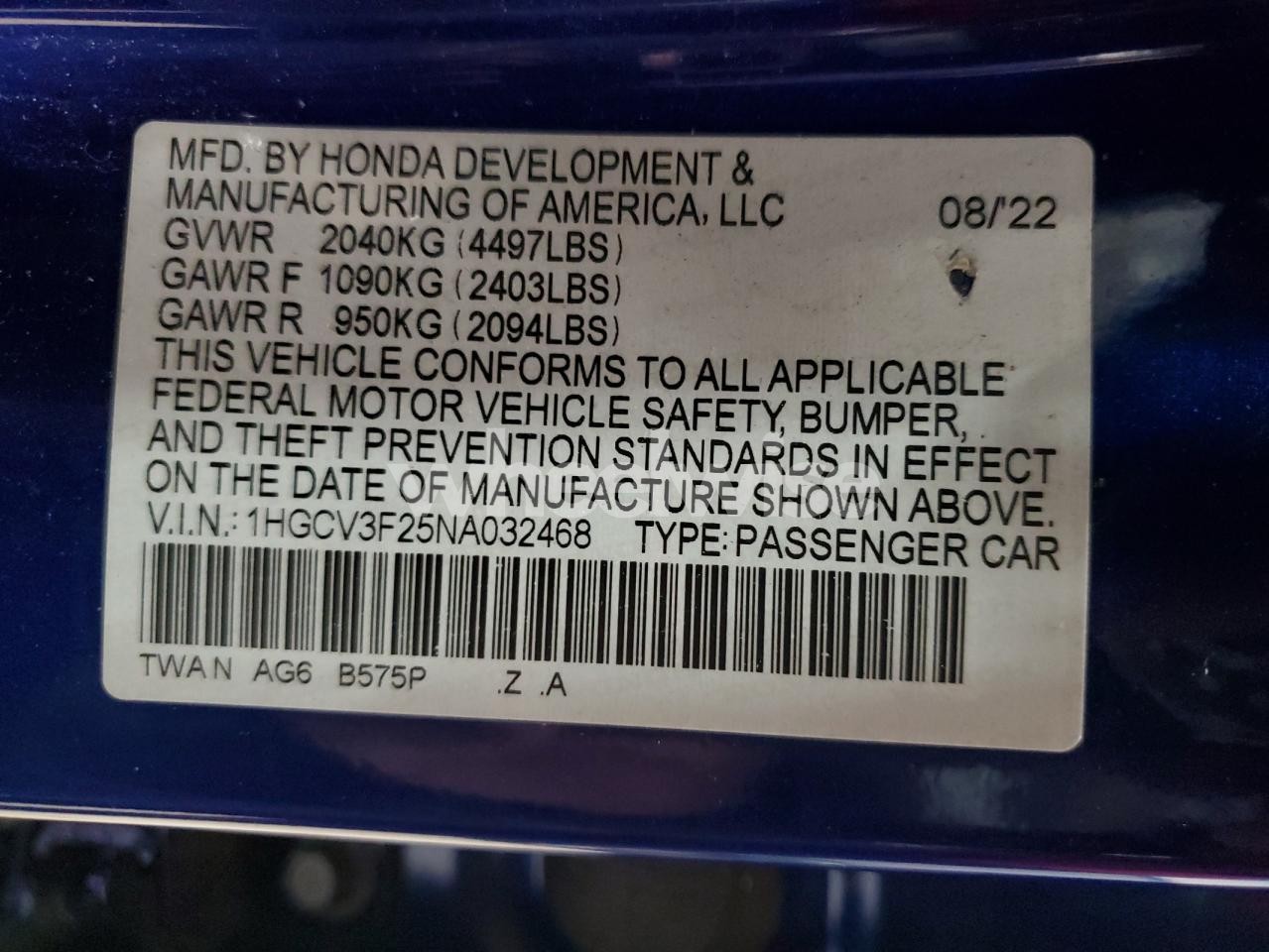 Photo 12 of 2022 HONDA ACCORD HYBRID SPORT (VIN 1HGCV3F25NA032468)