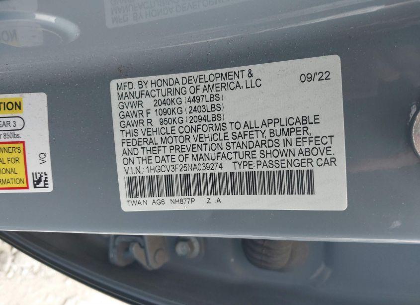 Photo 9 of 2022 Honda Accord HYBRID SPORT (VIN 1HGCV3F25NA039274)