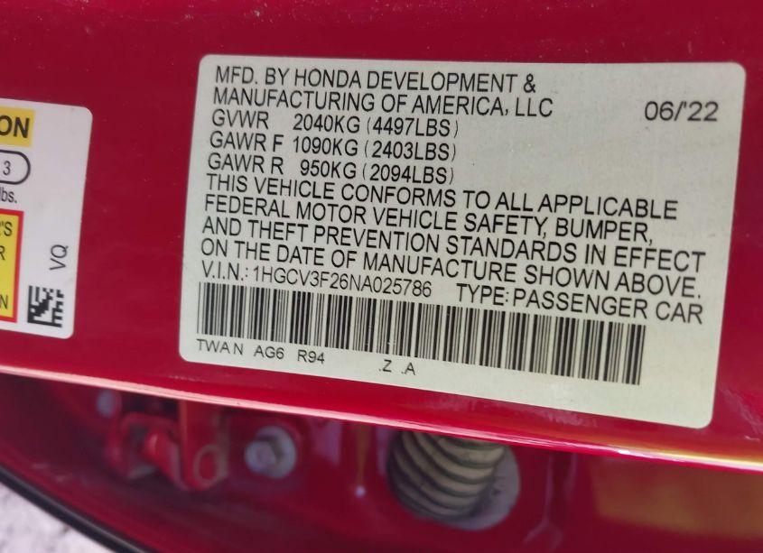 Photo 9 of 2022 Honda Accord HYBRID SPORT (VIN 1HGCV3F26NA025786)